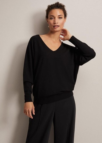 Phase Eight Senita Fine V-Neck Knitwear Black Australia | OY0187236